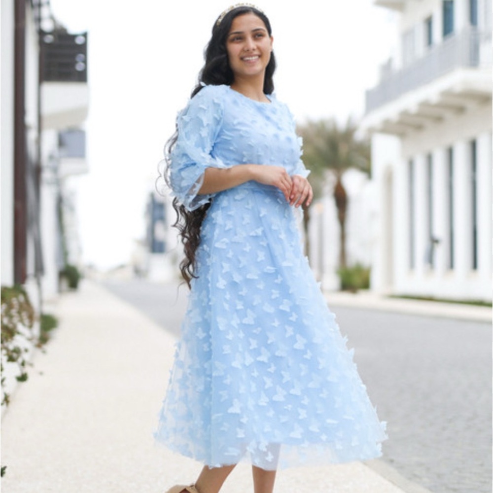Dainty Jewells Light Blue Midi Dress with 3D Appliqué